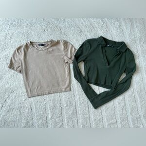 **ZARA CROP TOP BUNDLE** Long Sleeve Green + Tan T Shirt Crop Top XS/S Set